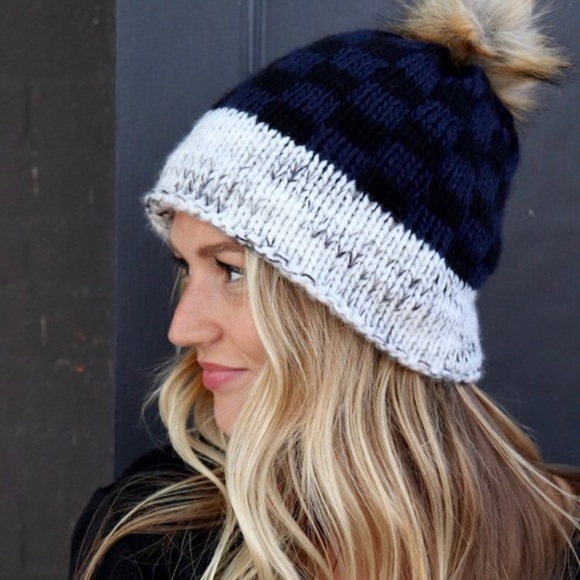 Navy Buffalo Checkered Knit Cable Pompom Beanie - Picture 2 of 4